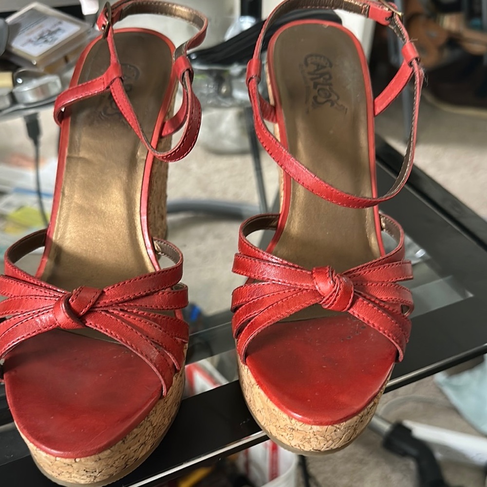 Carlos by Carlos Santana Red Wedge Sandals with Knotted Design